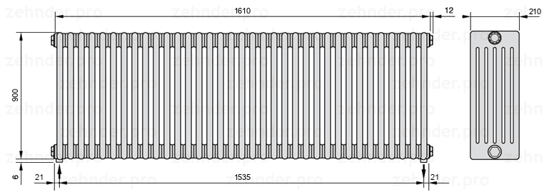 Схема (чертеж) Радиатор Zehnder Charleston 6090/35 №3570 Белый глянцевый RAL 9016
